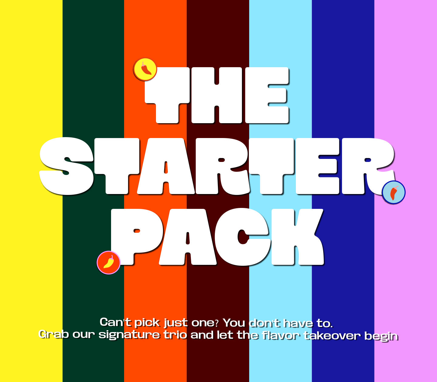 Promotional graphic for 'The Starter Pack' featuring bold white text over vertical rainbow stripes, with small illustrated banana and lime graphics and a tagline at the bottom.